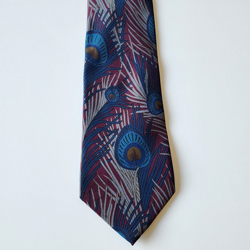 Peacock Feather 100% Silk Necktie Burgundy Blue Art Deco Nature Artsy Granola